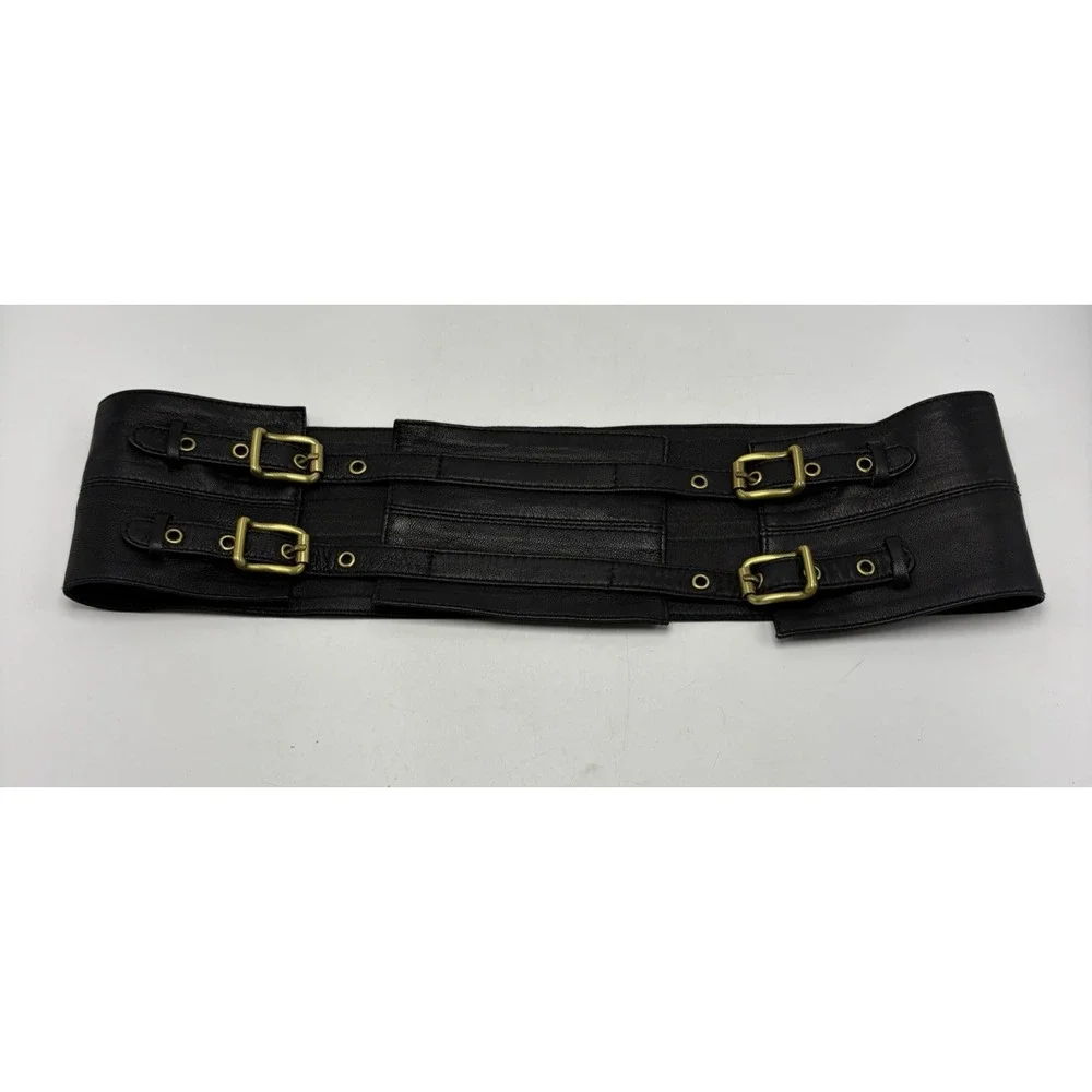Statement Belt Womens Medium Wide Black Leather Waist Cinch Buckle Designer